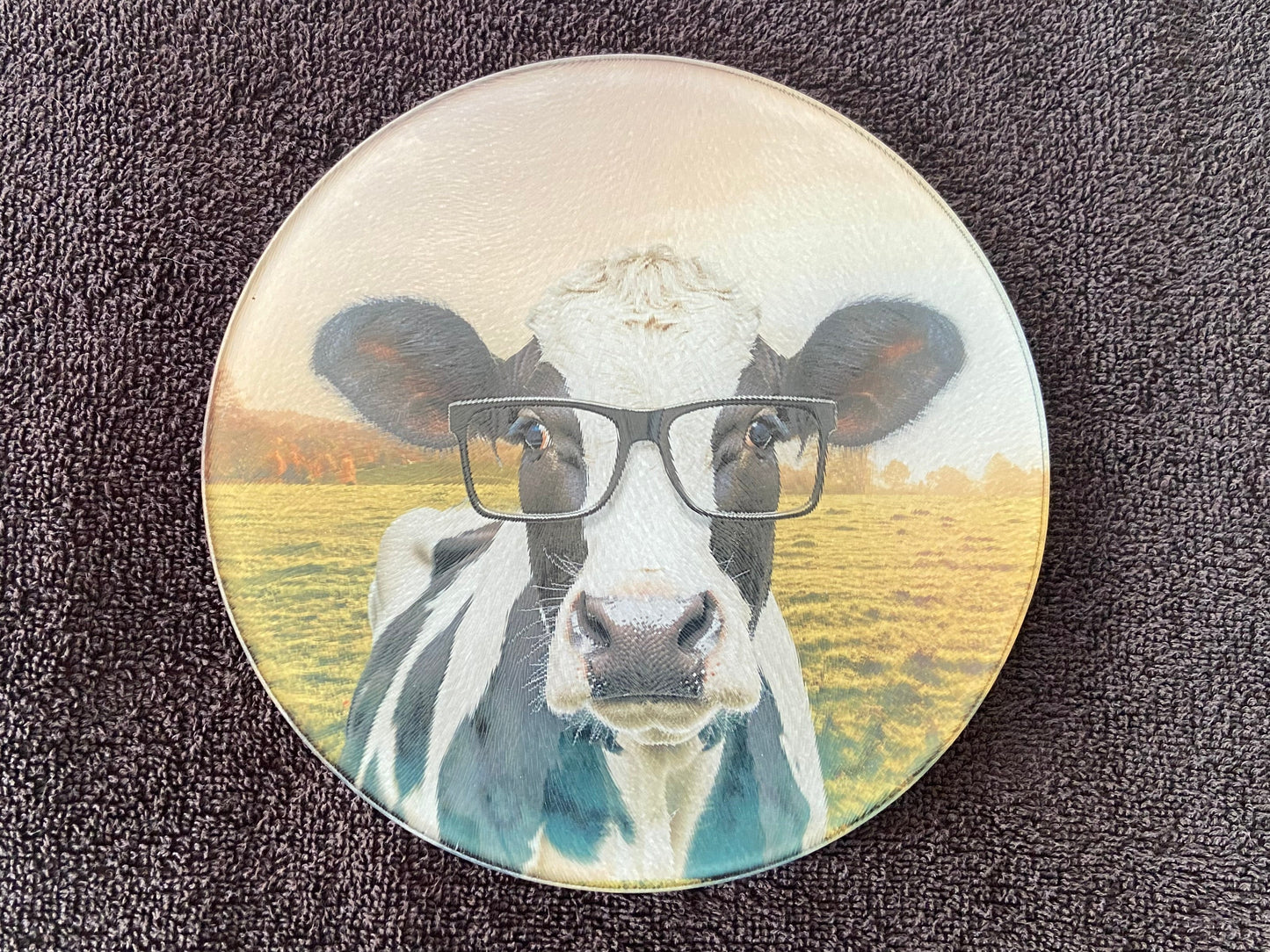 Round Glass Cutting Board - 20cm - Cow with Glasses
