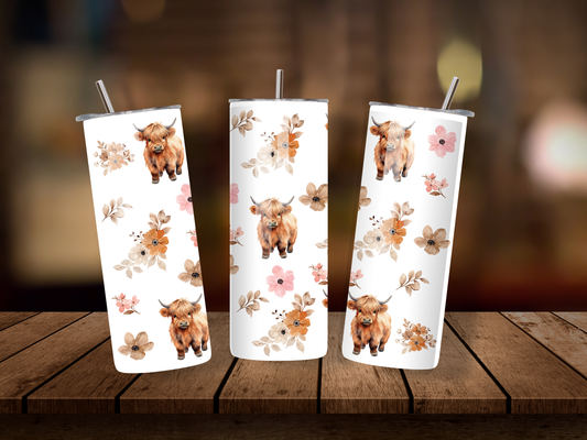 20oz Thermal Stainless Steel Tumbler & Straw, Highland Cow Pattern