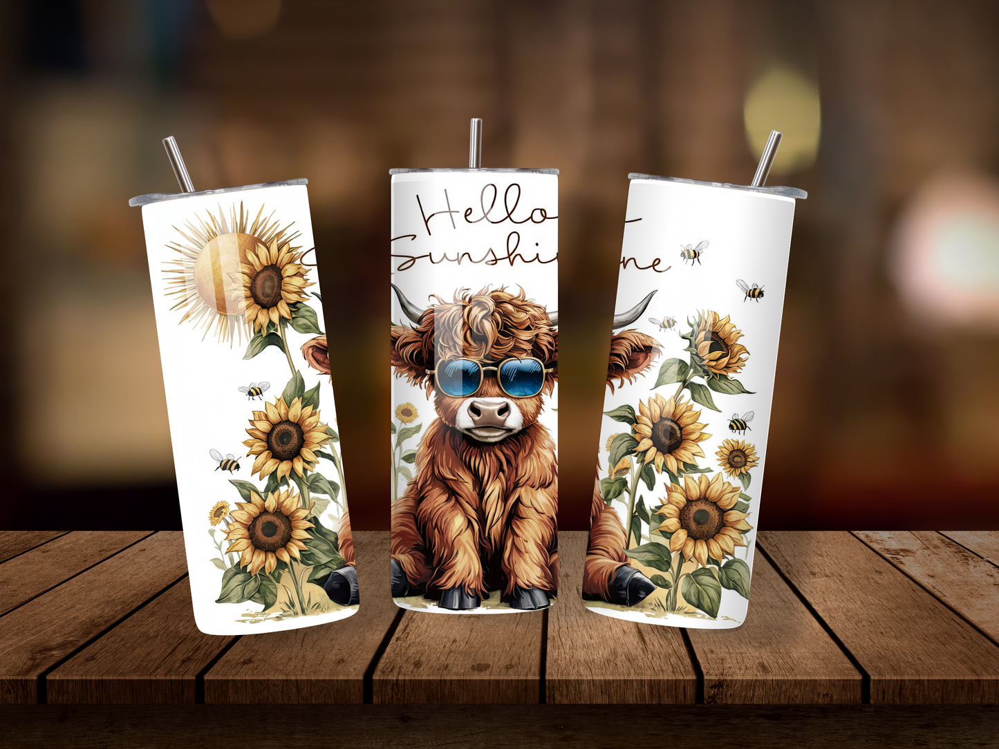 20oz Thermal Stainless Steel Tumbler & Straw, Sunny Highland Cow