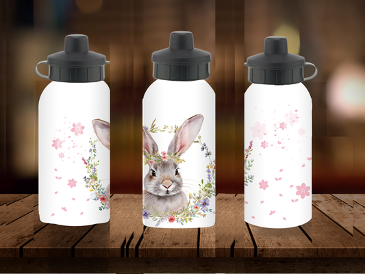 600ml Aluminium Water Bottle - Rabbit Floral Wreath