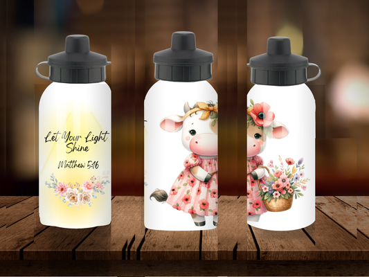 600ml Aluminium Water Bottle - Let Your Light Shine Matthew 5:16 Cow Girly