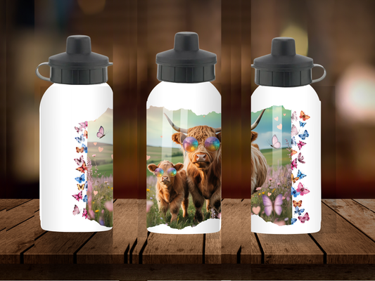 600ml Aluminium Water Bottle - Summer Highland Cow