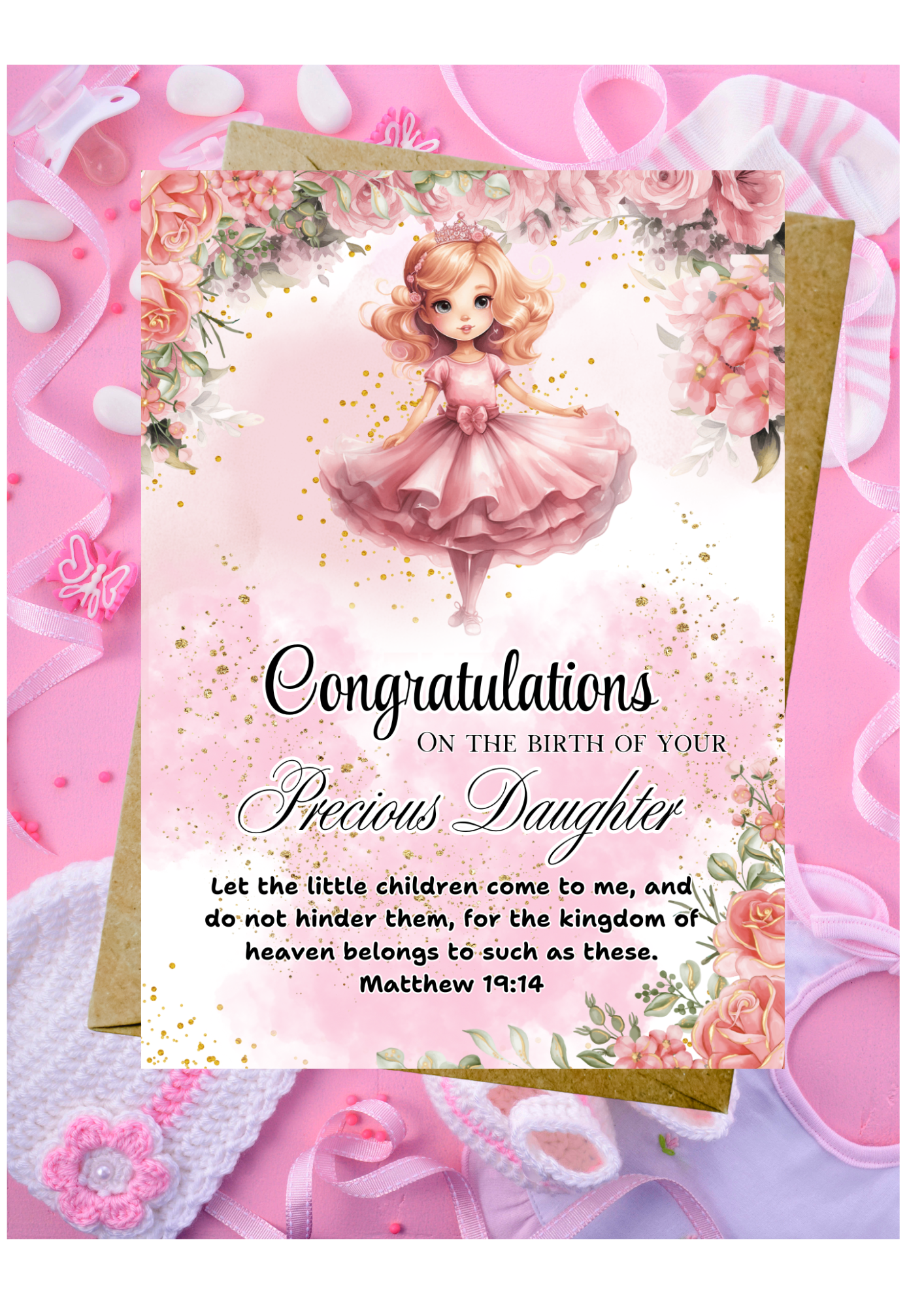 New Baby Daughter Card - Matthew 19:14 - Let The Little Children Come To Me