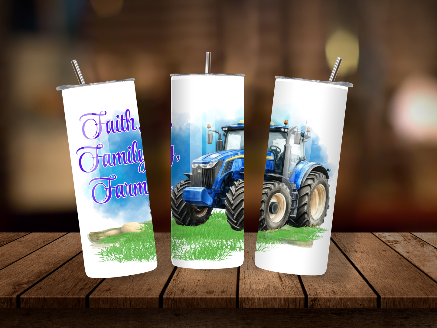 20oz Thermal Stainless Steel Tumbler & Straw, Faith, Family, Farm Blue Tractor