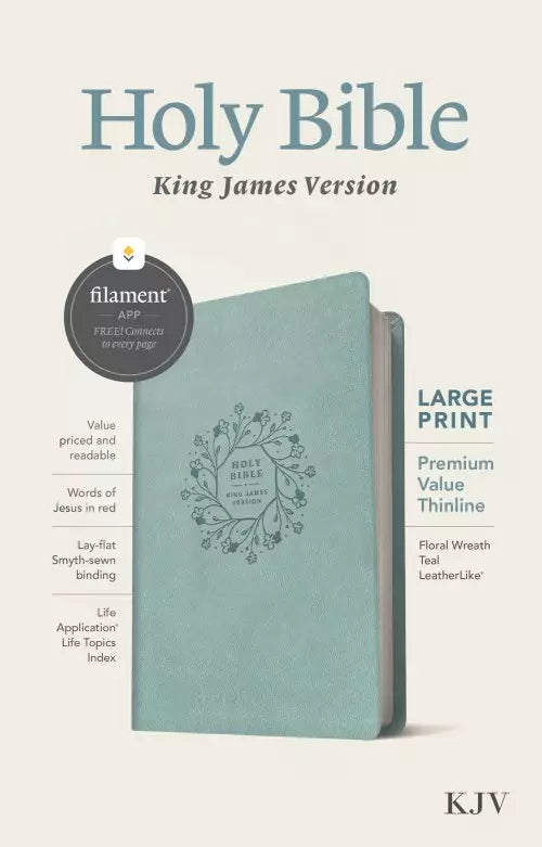 KJV Large Print Thinline Bible, Filament Enabled -floral wreath teal Leather