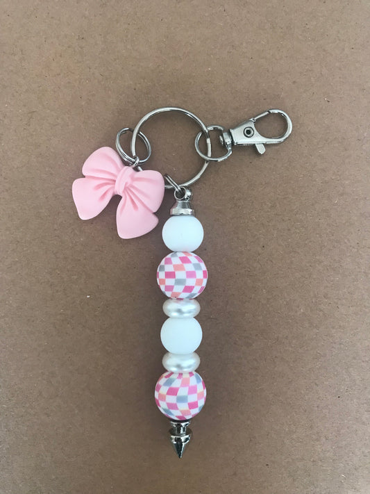 Chequered Pink White Beaded Keychain with pink bow