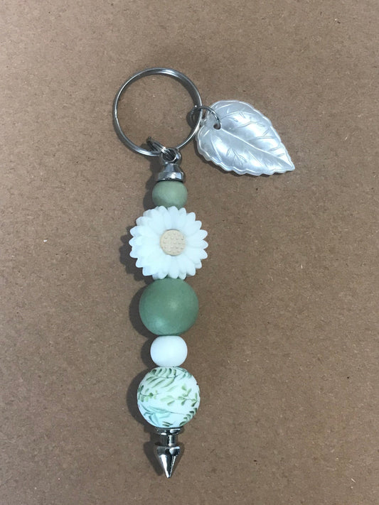 Pale Green & White Eucalyptus Daisy Keychain with Faux Pearl Leaf