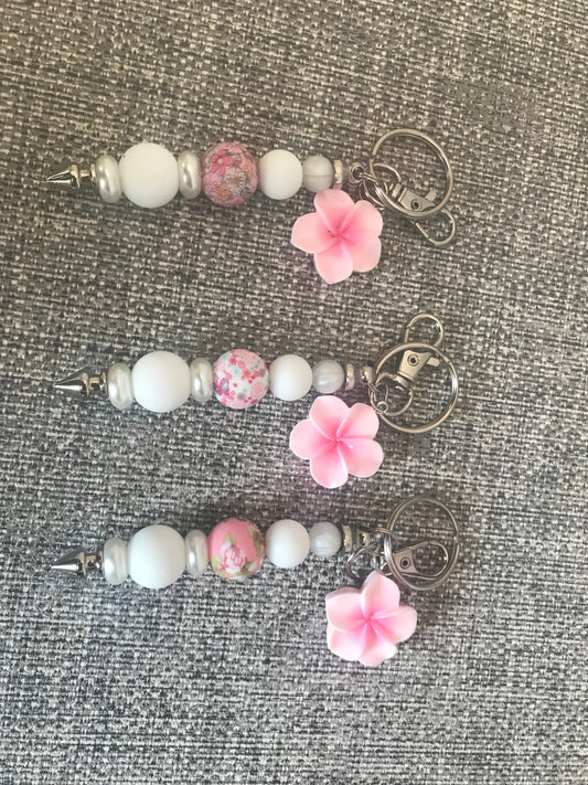 Pink White Floral Beaded Keychain with Flower