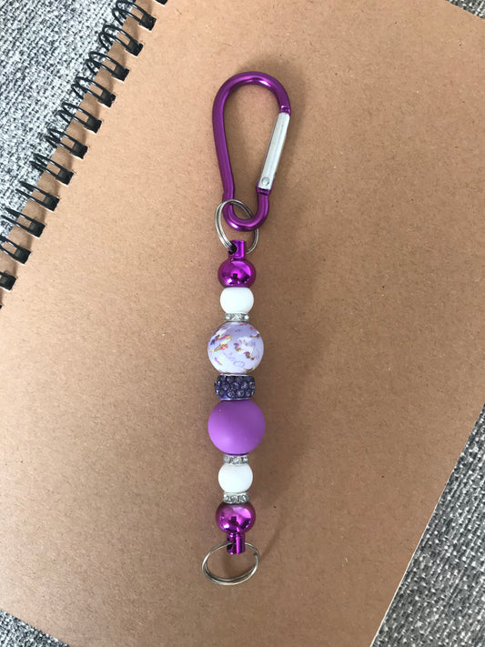 Purple Carabiner Clip Keychain with Unicorn Rhinestone Beads