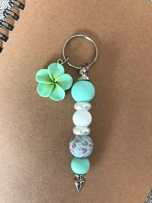 Tropical Green, Pink & White Beaded Keychain - With Flower