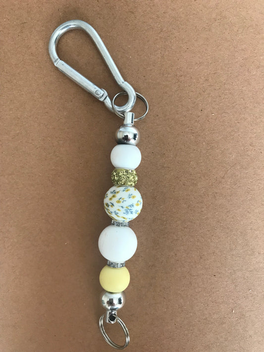 Silver Carabiner Clip Keychain with Yellow floral, White, Yellow & Rhinestone Beads