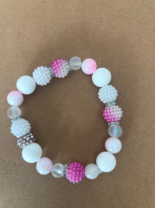 Pink & White, pearl, Rhinestone Elasticated Bracelet (S/M)