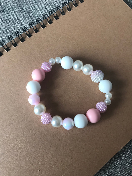 Pink & White, pearl, Rhinestone Elasticated Bracelet (S/M)