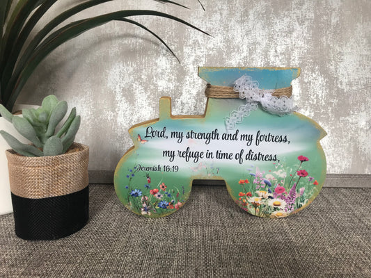 Lord, My Strength & My Fortress Jeremiah 16:19 Wooden Tractor Shape Freestanding Plaque 20x14cm