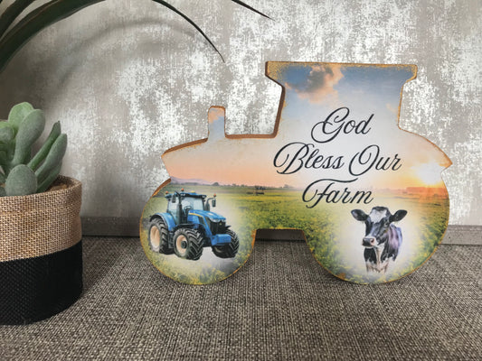 God Bless Our Farm Wooden Tractor Shape Freestanding Plaque 20x14cm