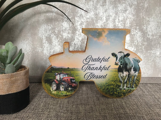 Grateful, Thankful, Blessed Wooden Tractor Shape Freestanding Plaque 20x14cm