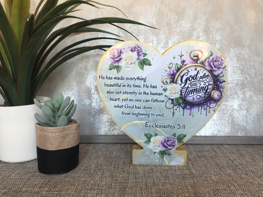 Wooden Heart Shape Freestanding Plaque 20x20cm He has made everything beautiful in its time Ecc.3:11