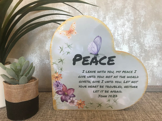 Peace John 14:27 Wooden Heart Shape Freestanding Plaque 20x20cm