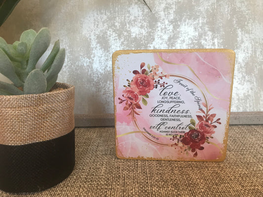 Fruit of The Spirit Galations 5:22-23 Wooden Square Shape Freestanding Plaque 10x10cm