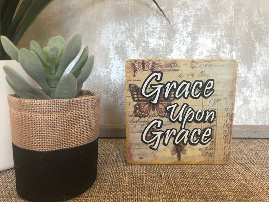 Grace Upon Grace Wooden Square Shape Freestanding Plaque 10x10cm
