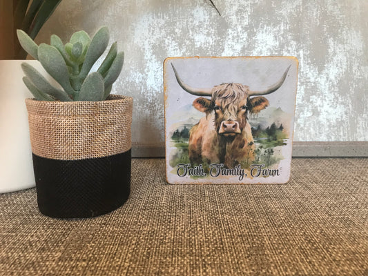 Faith, Family, Farm Highland Cow Wooden Square Shape Freestanding Plaque 10x10cm