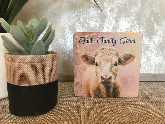 Faith, Family, Farm Wooden Square Shape Freestanding Plaque 10x10cm