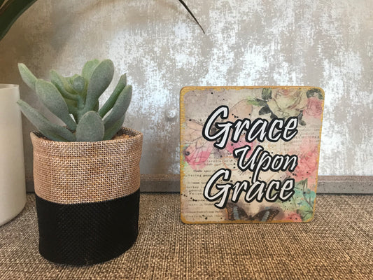 Grace Upon Grace Wooden Square Shape Freestanding Plaque 10x10cm