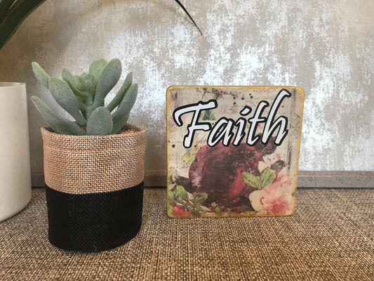 FAITH Wooden Square Shape Freestanding Plaque 10x10cm