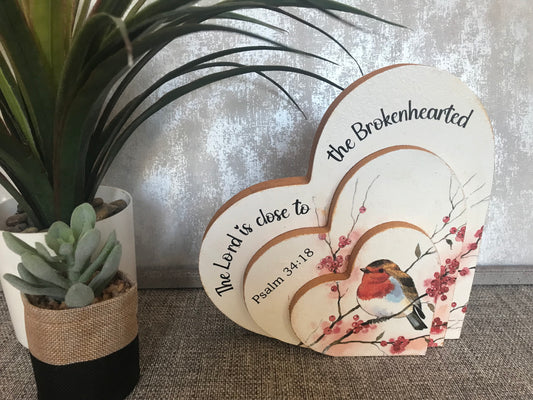 The Lord is close to the Brokenhearted Psalm 34:18 Wooden Layered Heart Freestanding Plaque 20x20cm