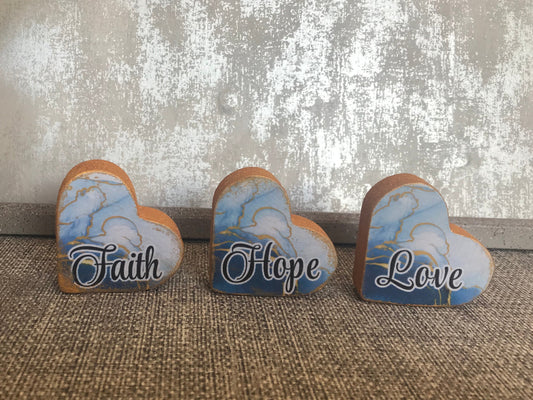 Set of 3 Tiny Hearts Faith, Hope & Love Wooden Freestanding Plaques 5x5cm each heart