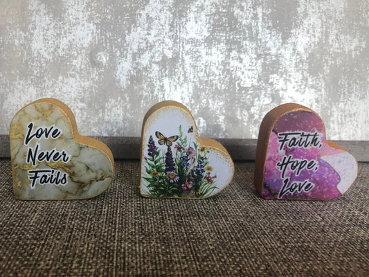 Selection Tiny Hearts Wooden Freestanding Plaques 5x5cm each heart