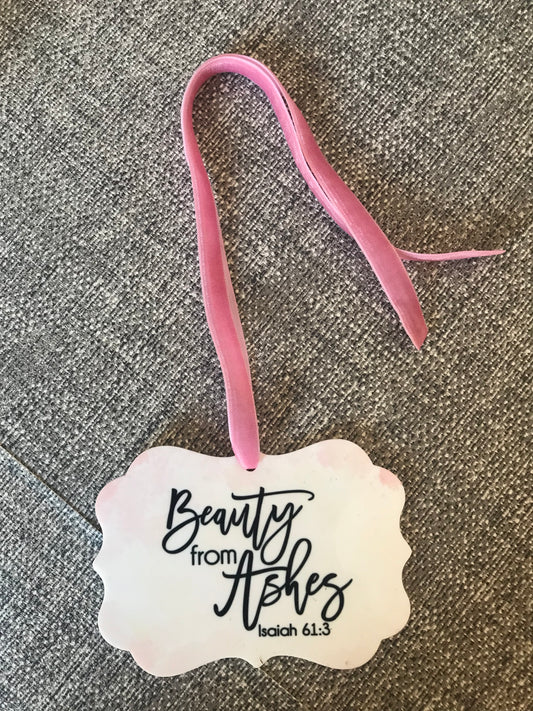 Grave Hanging Tag 10.5x7.5cm with ribbon - Beauty from Ashes Isaiah 61:3 Pink Marble Background