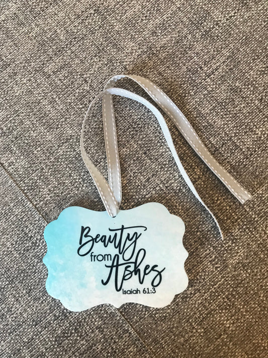 Grave Hanging Tag 10.5x7.5cm with ribbon - Beauty from Ashes Isaiah 61:3 Blue Background