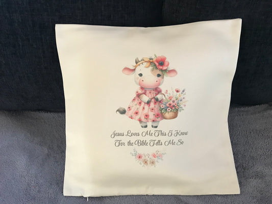 Cushion Cover 45x45cm Jesus Loves Me This I Know For The Bible Tells Me So - Pink Cow