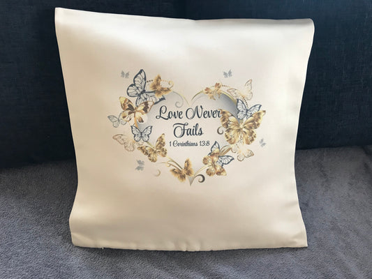 Cushion Cover 45x45cm Love Never Fails 1 Corinthians 13:8 Gold Flowers & Butterfly