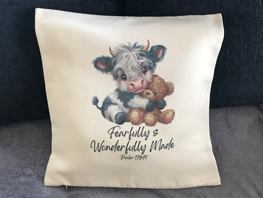 Cushion Cover 45x45cm Fearfully & Wonderfully Made Psalm 139:14 Cow