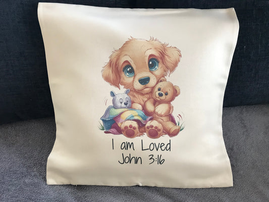 Cushion Cover 45x45cm John 3:16 I Am Loved - Cute Dog