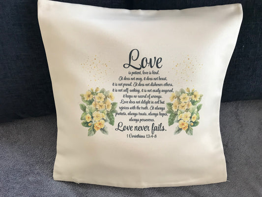 Cushion Cover 45x45cm Love Never Fails 1 Corinthians 13:4-8 Primroses