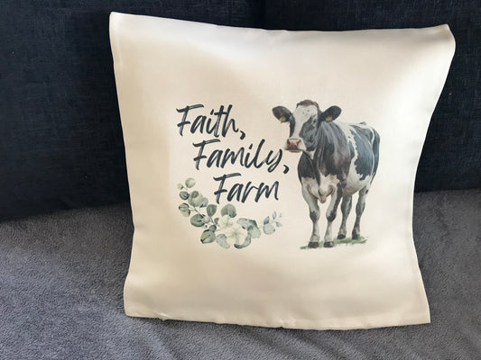 Cushion Cover 45x45cm Faith, Family, Farm Fresion Cow & Leaves