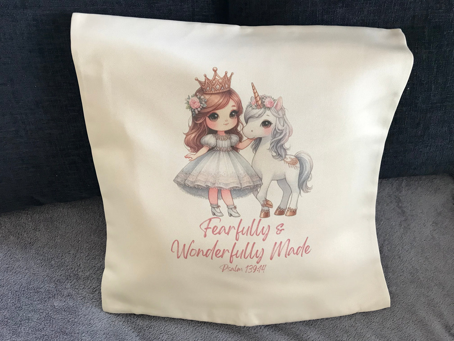 Cushion Cover 45x45cm Fearfully & Wonderfully Made Psalm 139:14 Princess & Unicorn