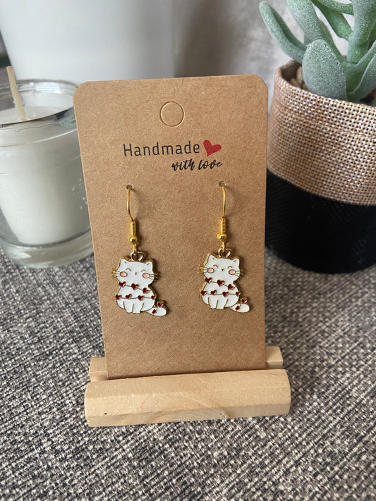 Cute White Cat With Hearts Dangle Gold Earring