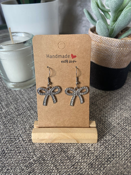Large Bow Rhinestone Dangle Earring - Silver or Gold