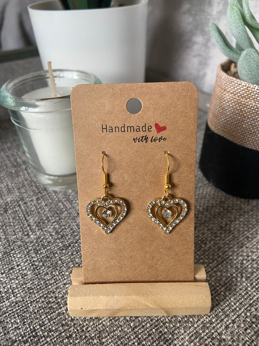 Double Heart Rhinestone Earring - Silver or Gold