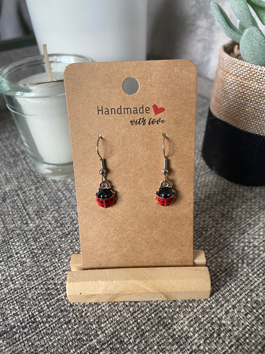 Small Ladybird Dangle Silver Earring - Silver or Gold