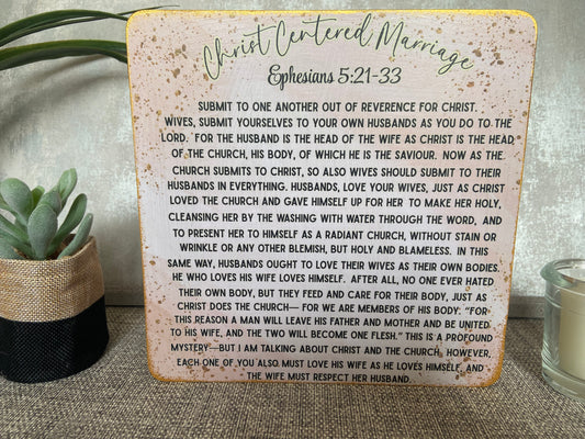 Christ Centered Marriage Ephesians 5:21-33 Wooden Square Shape Freestanding Plaque 20x20cm