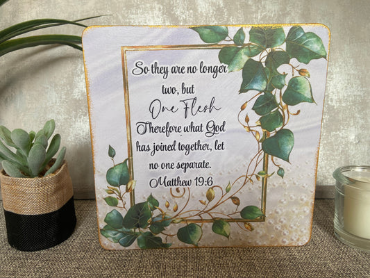 God Has Joined Together Matthew 19:6 Wooden Square Shape Freestanding Plaque 20x20cm