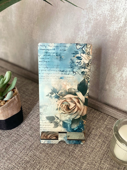 Mobile Phone Stand MDF - Blue/ Beige Vintage Rose