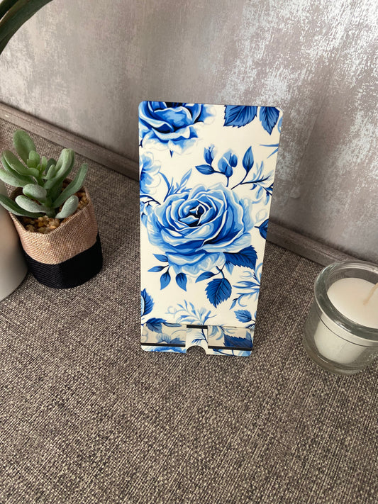 Mobile Phone Stand MDF - Blue/ White Floral