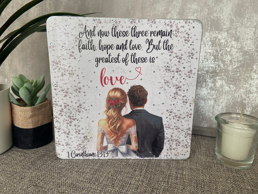 Faith, Hope & Love 1 Corinthians 13:13 Wooden Square Shape Freestanding Plaque 20x20cm
