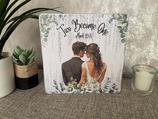 Two Become One Mark 10:8 Wooden Square Shape Freestanding Plaque 20x20cm